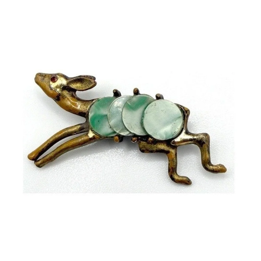 Christmas Reindeer Brooch Lot of 3 Rhinestone Pearl Green Gold Silver Tone
